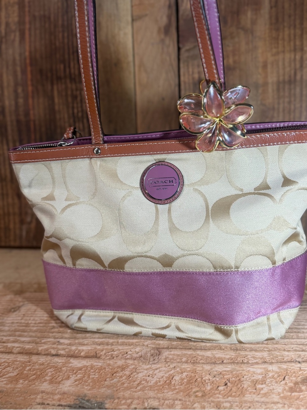Coach Signature Stripe Canvas Tote Bag 💜🤍✨👜